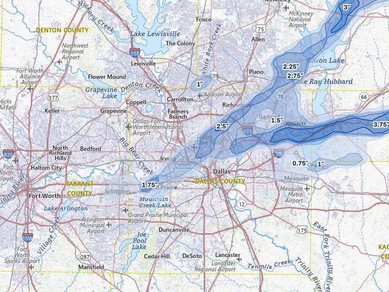 NEXRAD radar-signature map of the hail over Dallas, TX