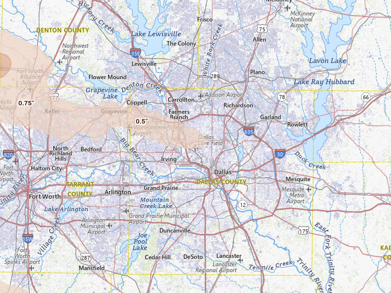Radar-estimated hail-size map of the storm over Dallas, TX on Apr 28, 2026