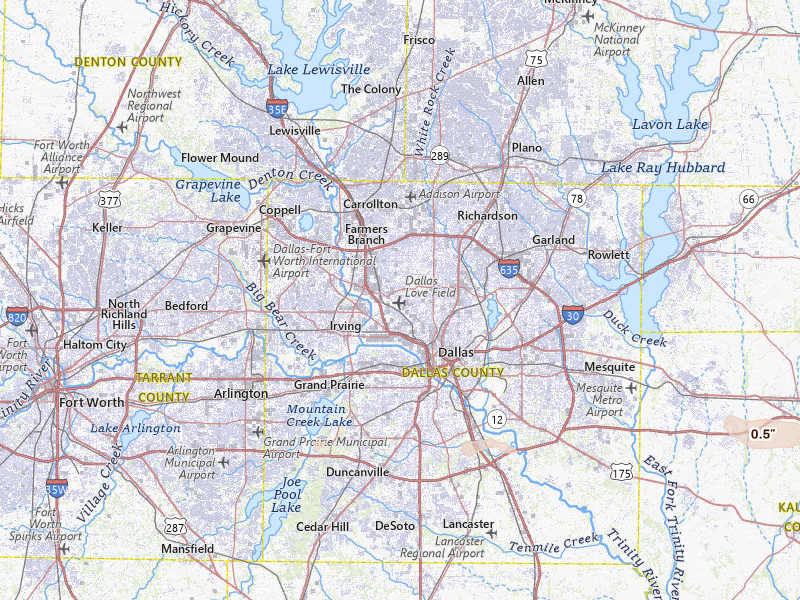 Radar-estimated hail-size map of the storm over Dallas, TX on Apr 29, 2026