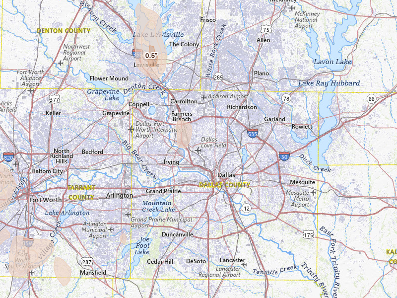 Radar-estimated hail-size map of the storm over Dallas, TX on May 19, 2026