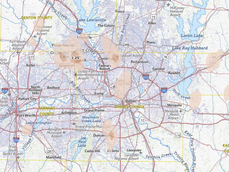 Radar-estimated hail-size map of the storm over Dallas, TX on May 22, 2026