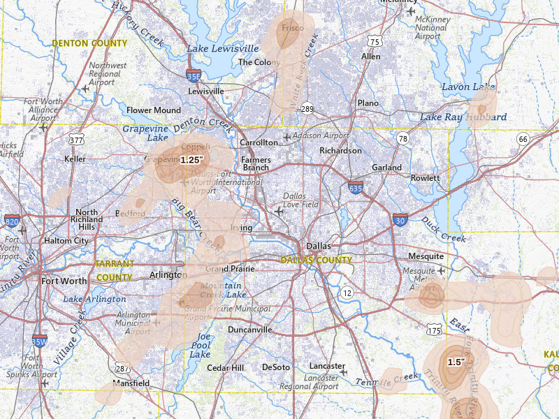 Radar-estimated hail-size map of the storm over Dallas, TX on Jun 2, 2026