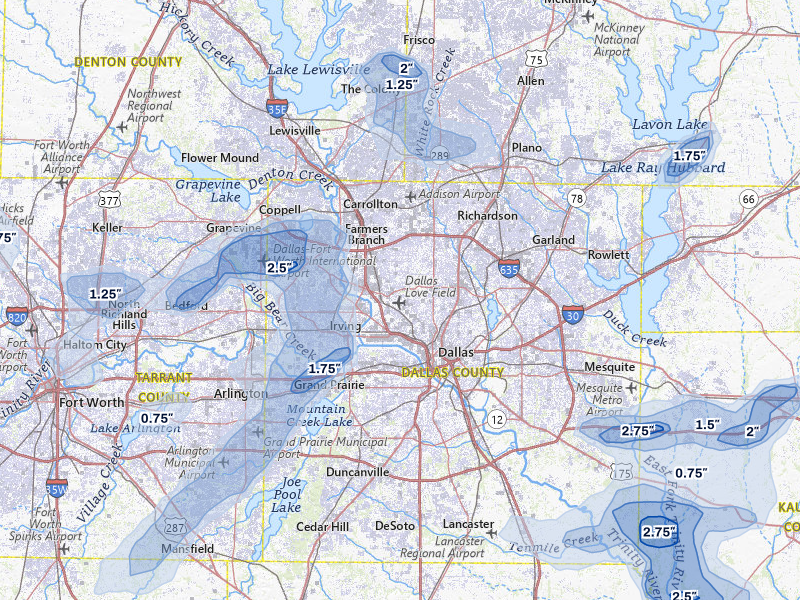 NEXRAD radar-signature map of the hail over Dallas, TX