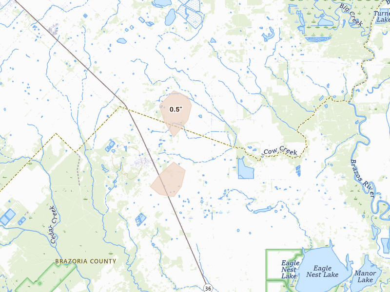 Radar-estimated hail-size map of the storm over Damon, TX on May 22, 2026