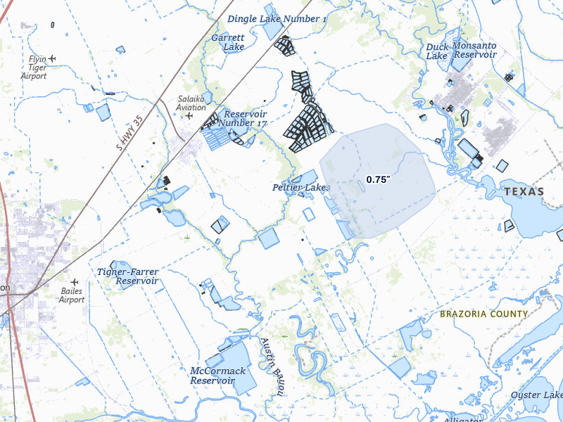 NEXRAD radar-signature map of the hail storm over Danbury, TX on Jul 6, 2026