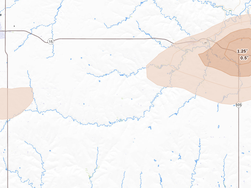 Radar-estimated hail-size map of the storm over Darrouzett, TX on May 9, 2026