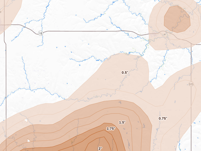 Radar-estimated hail-size map of the storm over Darrouzett, TX on Jun 8, 2026