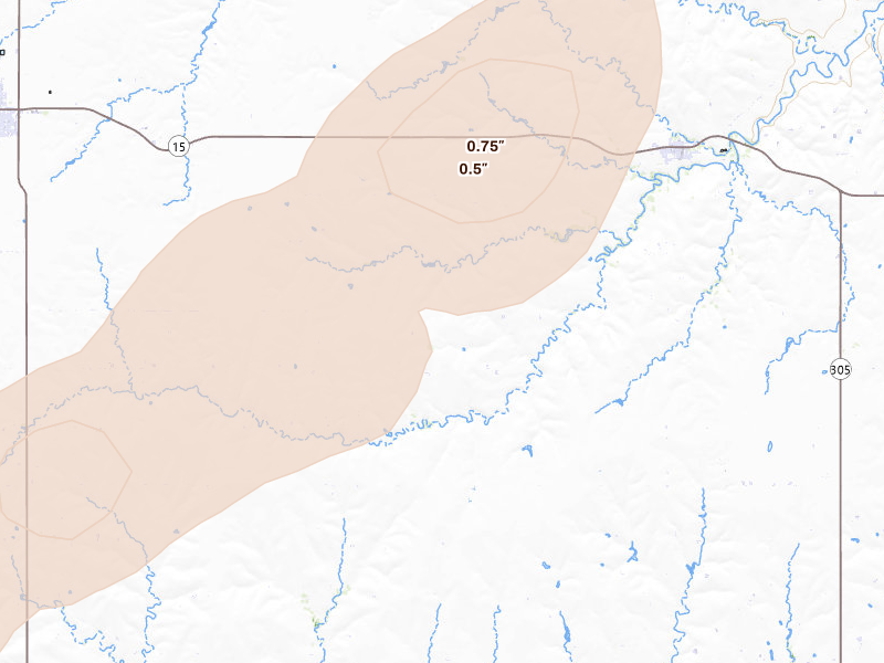 Radar-estimated hail-size map of the storm over Darrouzett, TX on Jun 12, 2026