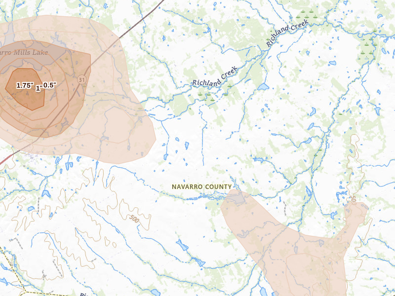 Radar-estimated hail-size map of the storm over Dawson, TX on May 25, 2026