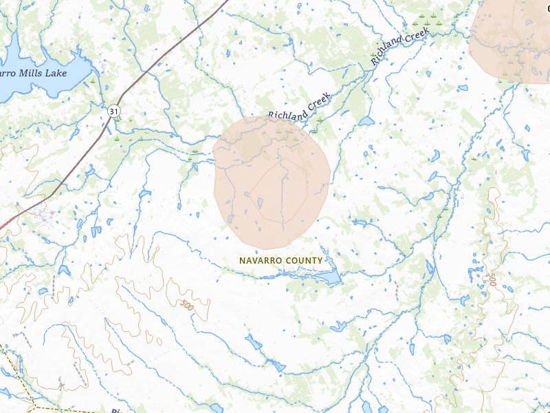 Radar-estimated hail-size map of the storm over Dawson, TX on Jun 2, 2026