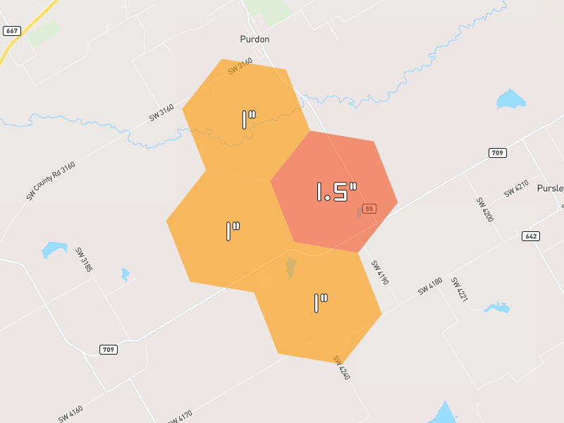 Hail map of Dawson, TX on Jun 2, 2026, hail up to 1.5"