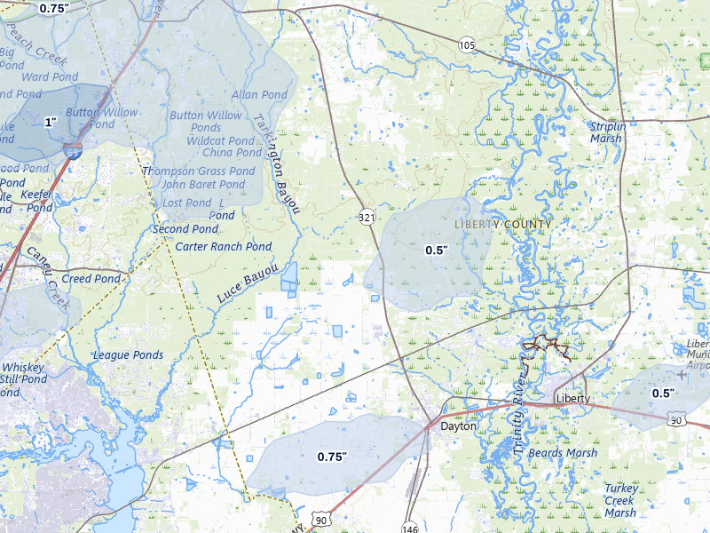 NEXRAD radar-signature map of the hail storm over Dayton, TX on Mar 7, 2026