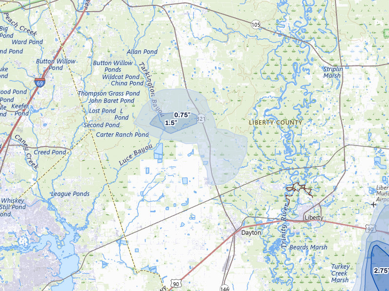 NEXRAD radar-signature map of the hail over Dayton, TX