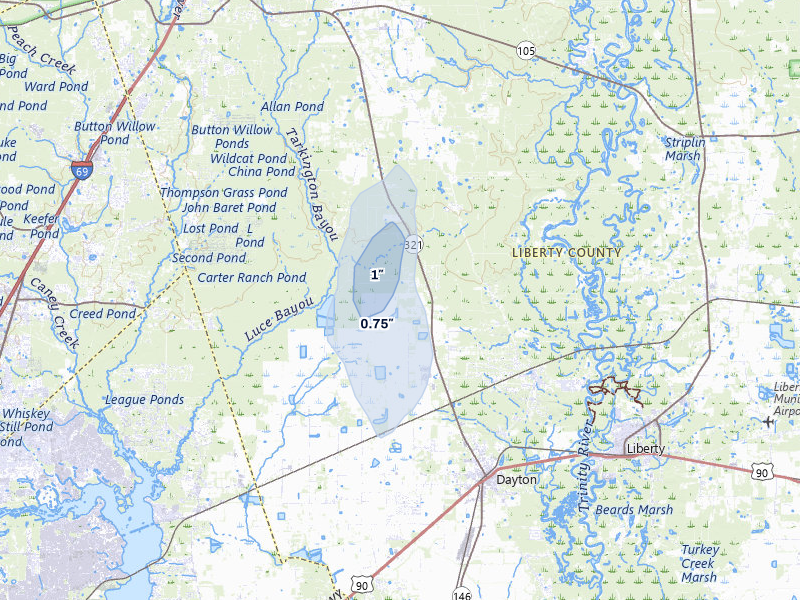 NEXRAD radar-signature map of the hail over Dayton, TX
