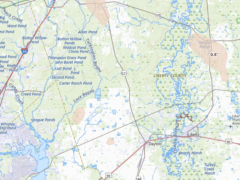 Radar-estimated hail-size map of the storm over Dayton, TX on Jul 7, 2026