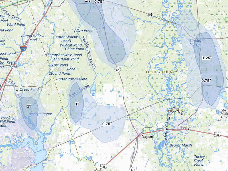 NEXRAD radar-signature map of the hail storm over Dayton, TX on Jul 7, 2026