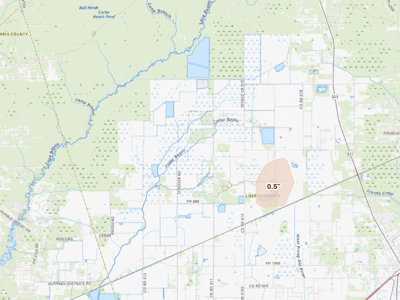 Radar-estimated hail-size map of the storm over Dayton, TX