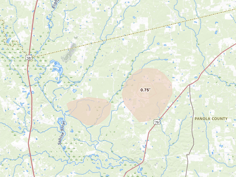 Radar-estimated hail-size map of the storm over De Berry, TX on Jun 2, 2026