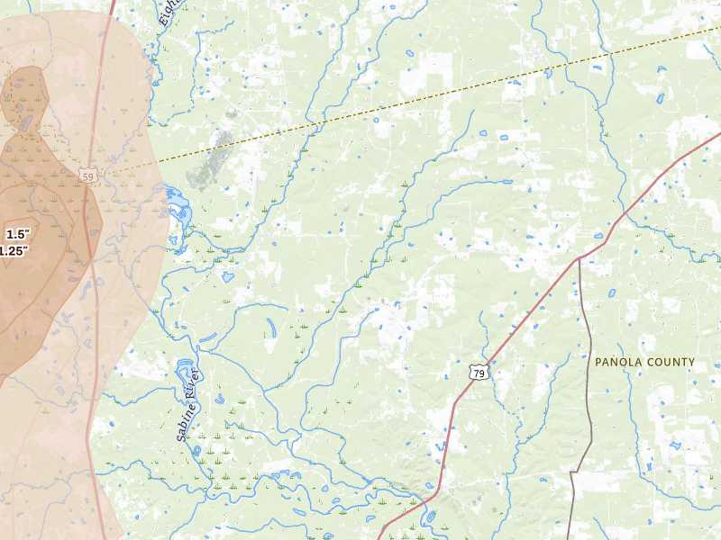 Radar-estimated hail-size map of the storm over De Berry, TX on Jul 6, 2026