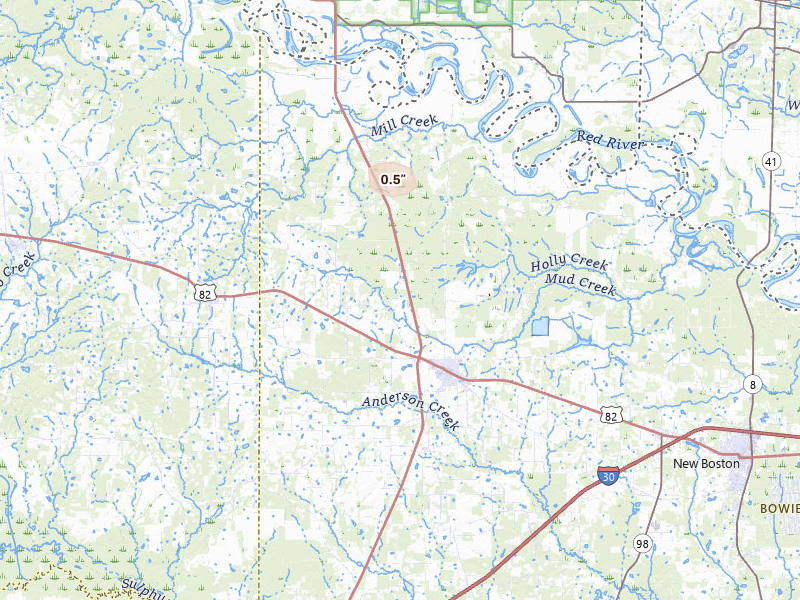 Radar-estimated hail-size map of the storm over De Kalb, TX on Mar 15, 2026