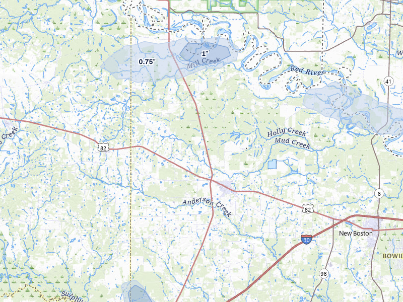 NEXRAD radar-signature map of the hail storm over De Kalb, TX on May 8, 2026