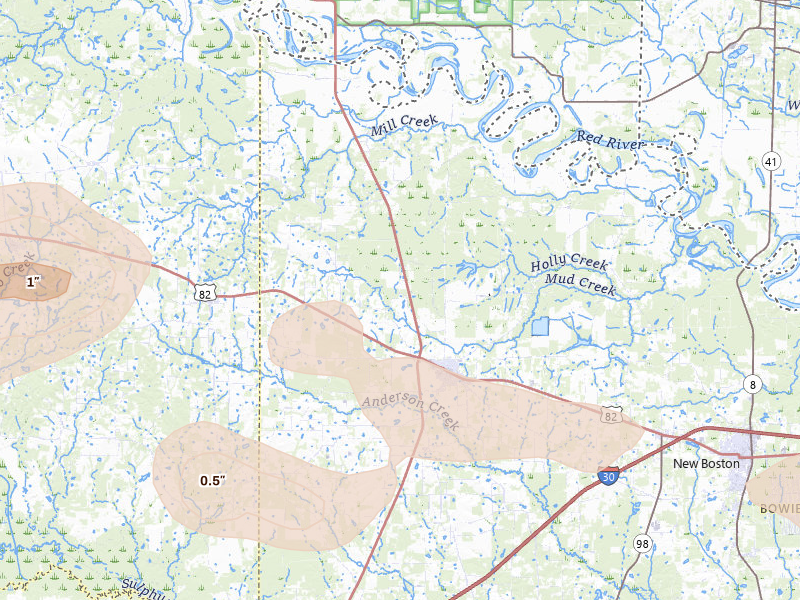 Radar-estimated hail-size map of the storm over De Kalb, TX on May 9, 2026