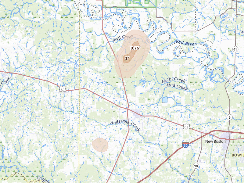 Radar-estimated hail-size map of the storm over De Kalb, TX on Jun 2, 2026