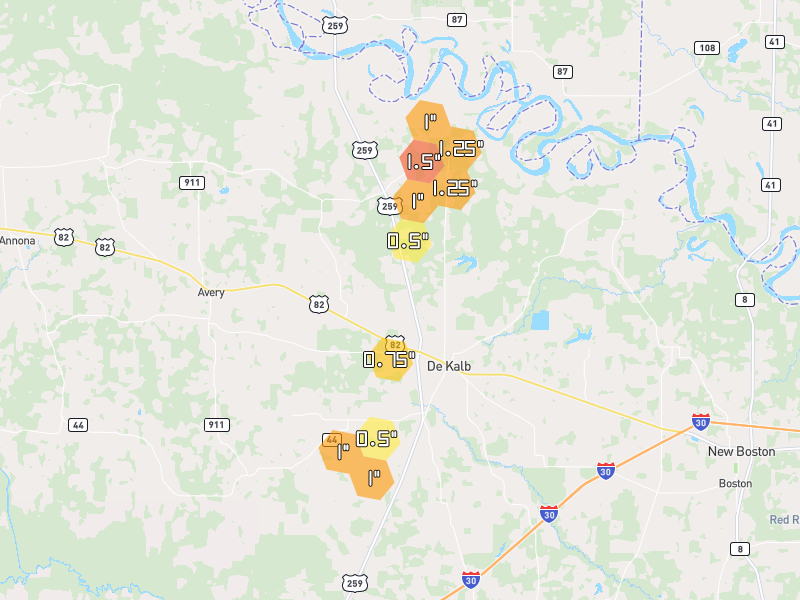 Hail map of De Kalb, TX on Jun 2, 2026, hail up to 1.5"