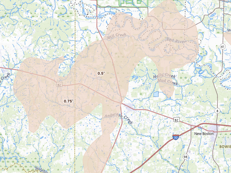 Radar-estimated hail-size map of the storm over De Kalb, TX on Jun 19, 2026