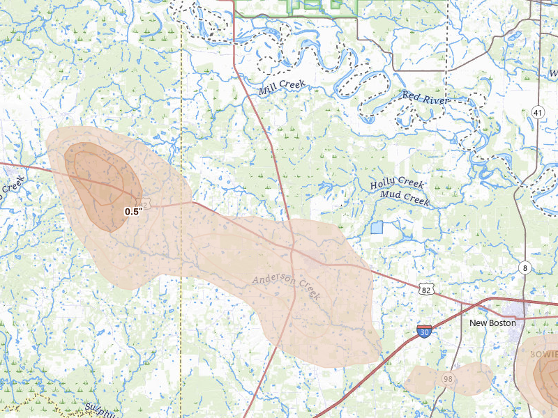 Radar-estimated hail-size map of the storm over De Kalb, TX on Jun 22, 2026