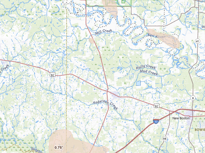 Radar-estimated hail-size map of the storm over De Kalb, TX on Jun 23, 2026