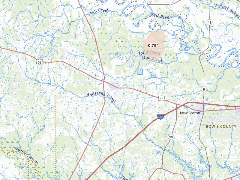 Radar-estimated hail-size map of the storm over De Kalb, TX on Jul 16, 2026