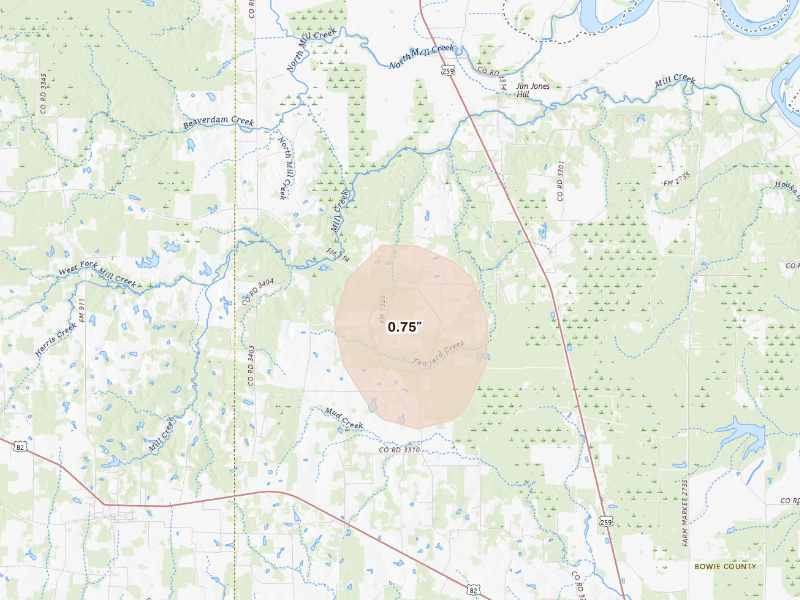 Radar-estimated hail-size map of the storm over De Kalb, TX