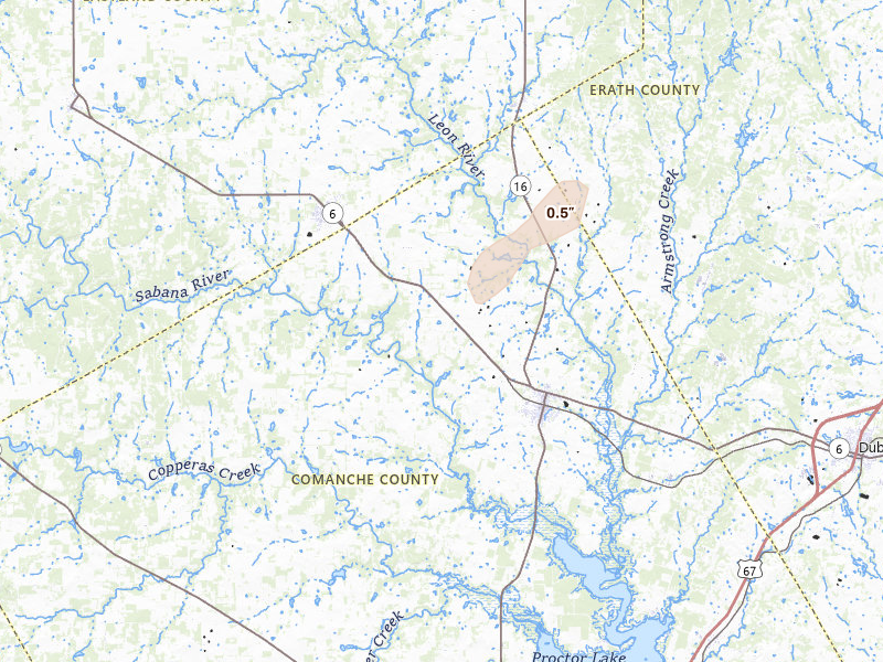 Radar-estimated hail-size map of the storm over De Leon, TX