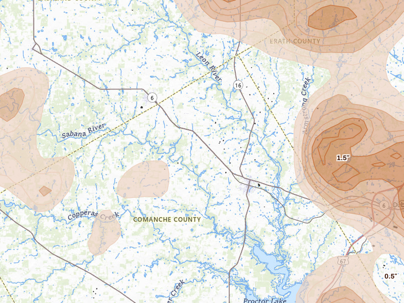 Radar-estimated hail-size map of the storm over De Leon, TX on May 10, 2026