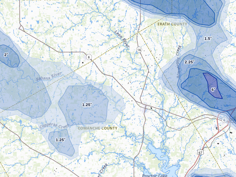 NEXRAD radar-signature map of the hail storm over De Leon, TX on May 10, 2026