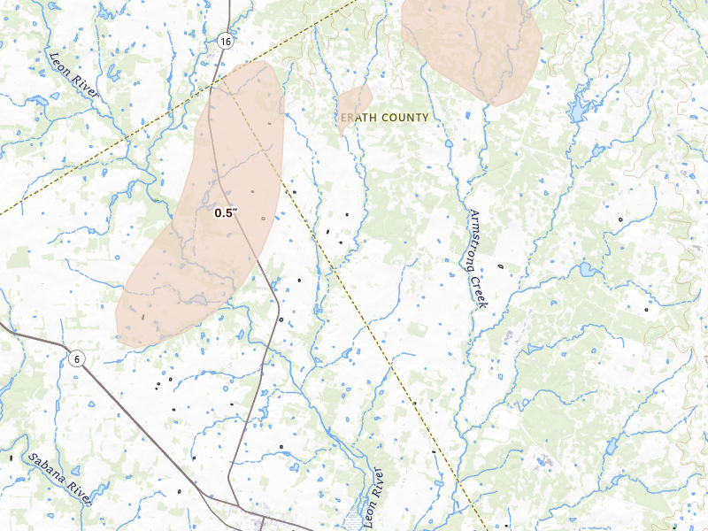 Radar-estimated hail-size map of the storm over De Leon, TX on May 19, 2026