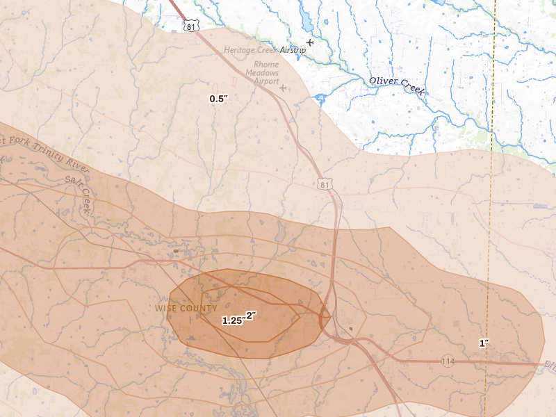 Radar-estimated hail-size map of the storm over Decatur, TX on Apr 28, 2026