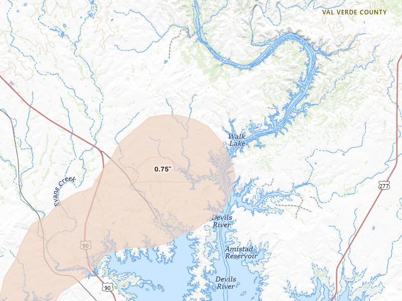 Radar-estimated hail-size map of the storm over Del Rio, TX on Mar 5, 2026