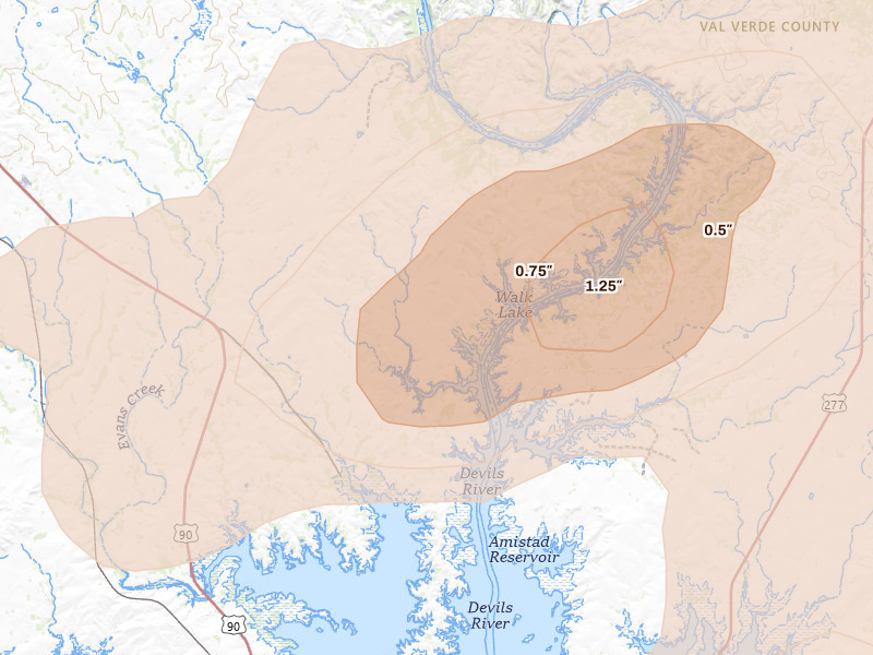 Radar-estimated hail-size map of the storm over Del Rio, TX on Mar 10, 2026
