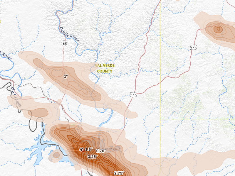 Radar-estimated hail-size map of the storm over Del Rio, TX on Apr 29, 2026