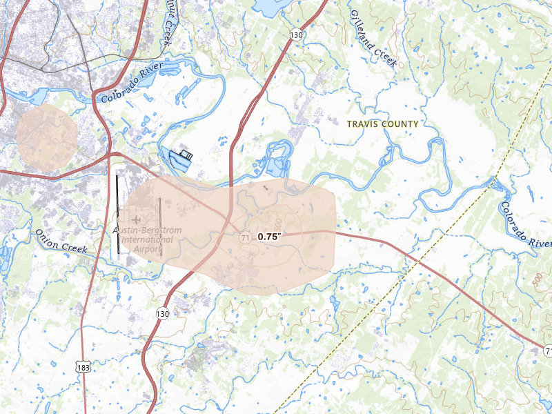 Radar-estimated hail-size map of the storm over Del Valle, TX on Jun 2, 2026