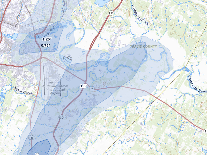 NEXRAD radar-signature map of the hail over Del Valle, TX