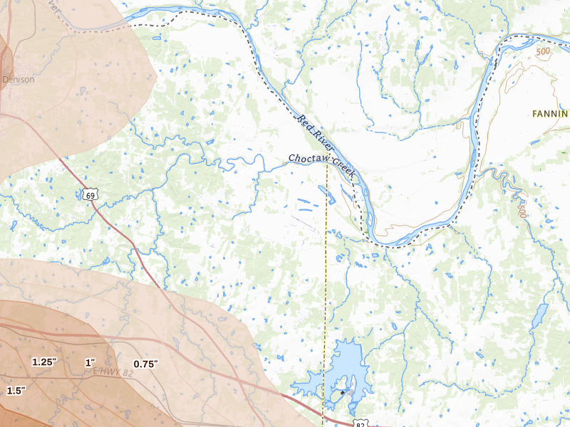 Radar-estimated hail-size map of the storm over Denison, TX on Apr 25, 2026