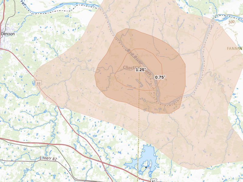 Radar-estimated hail-size map of the storm over Denison, TX on May 9, 2026