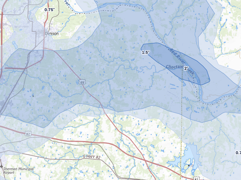 NEXRAD radar-signature map of the hail over Denison, TX