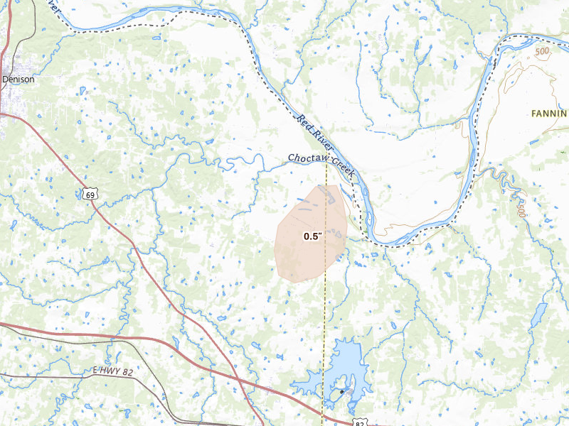 Radar-estimated hail-size map of the storm over Denison, TX on May 22, 2026