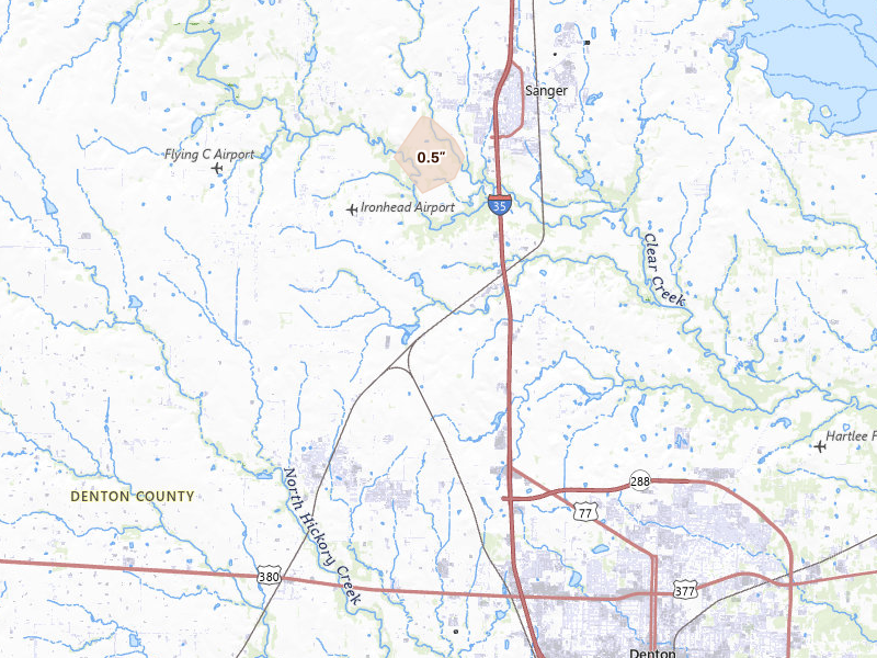 Radar-estimated hail-size map of the storm over Denton, TX on Mar 10, 2026