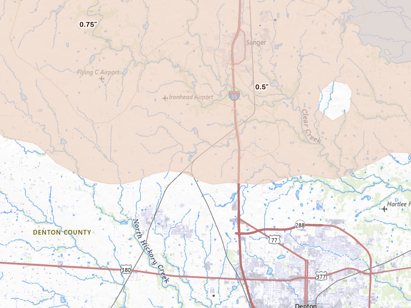 Radar-estimated hail-size map of the storm over Denton, TX on Jun 18, 2026