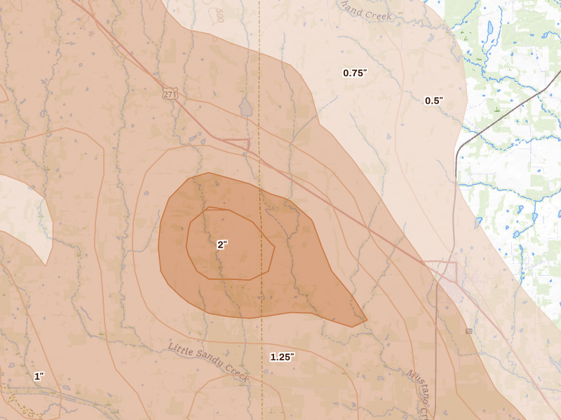 Radar-estimated hail-size map of the storm over Deport, TX on Apr 24, 2026